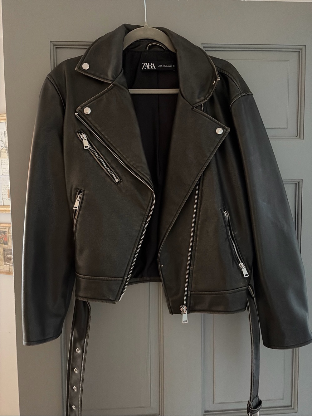Zara Black Faux Leather Distressed Biker Jacket with Belt